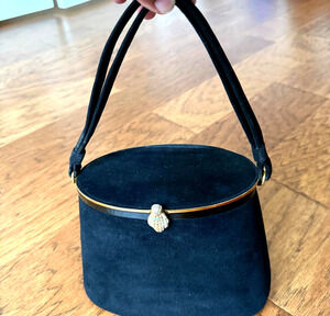 1940s Vintage Bienen-Davis Black Suede Handbag Purse Evening Cocktail Party